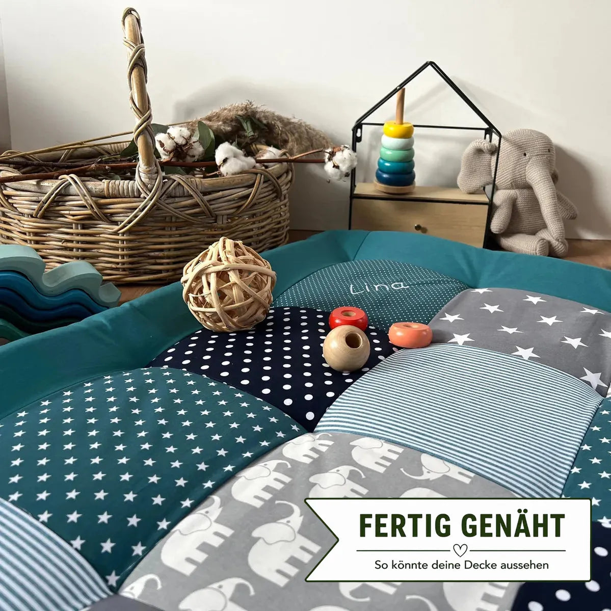 Nähpaket * Krabbeldecke* Patchwork * Elefant Petrol-stoffwerk-siegen