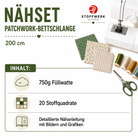 The image is a promotional poster for a sewing machine and sewing materials, including a sewing machine, scissors, and various fabric swatches.