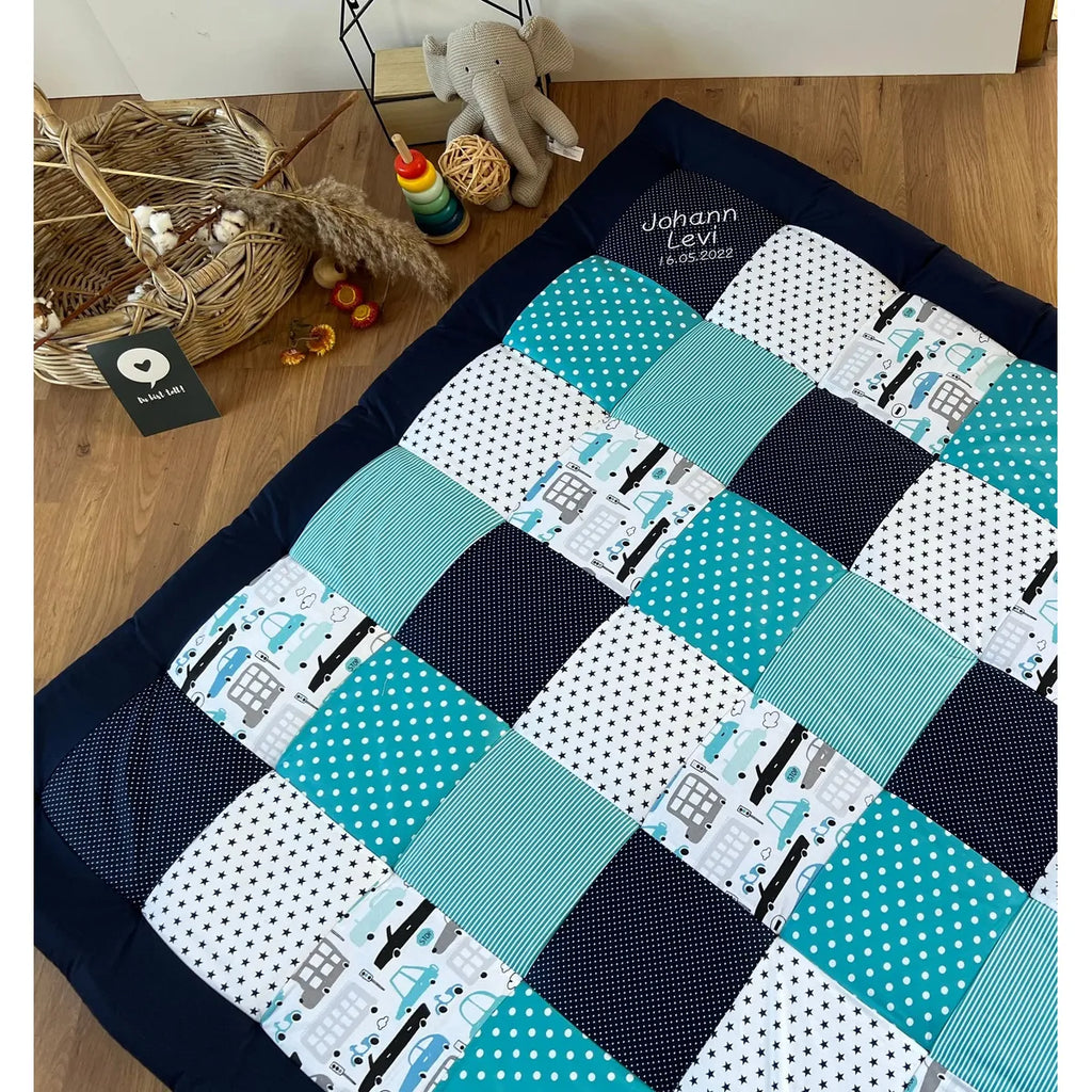 Nähpaket * Krabbeldecke* Patchwork * Autos Blau Türkis-stoffwerk-siegen