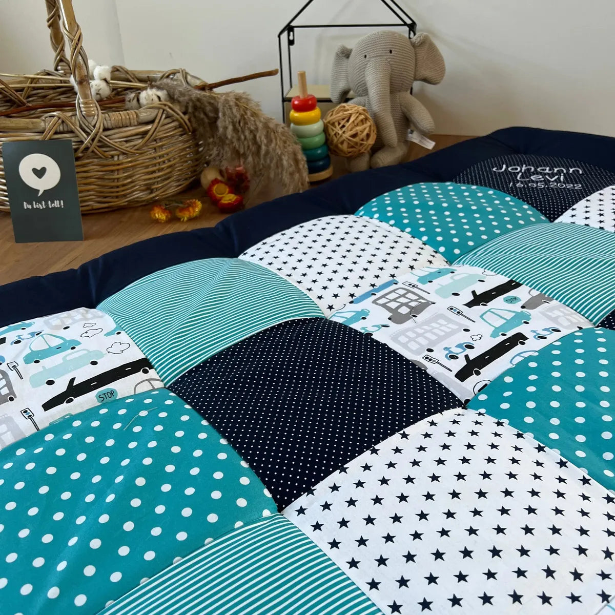 Nähpaket * Krabbeldecke* Patchwork * Autos Blau Türkis-stoffwerk-siegen