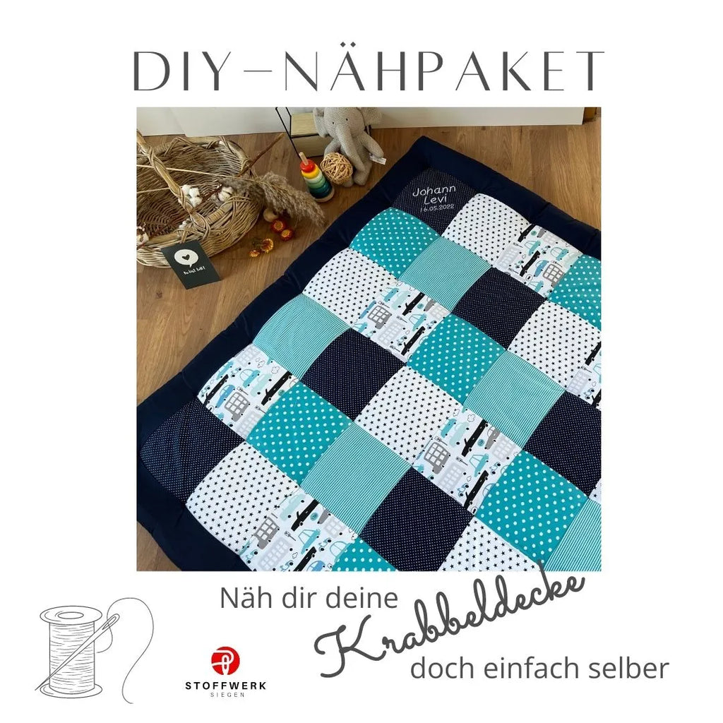 Nähpaket * Krabbeldecke* Patchwork * Autos Blau Türkis-stoffwerk-siegen