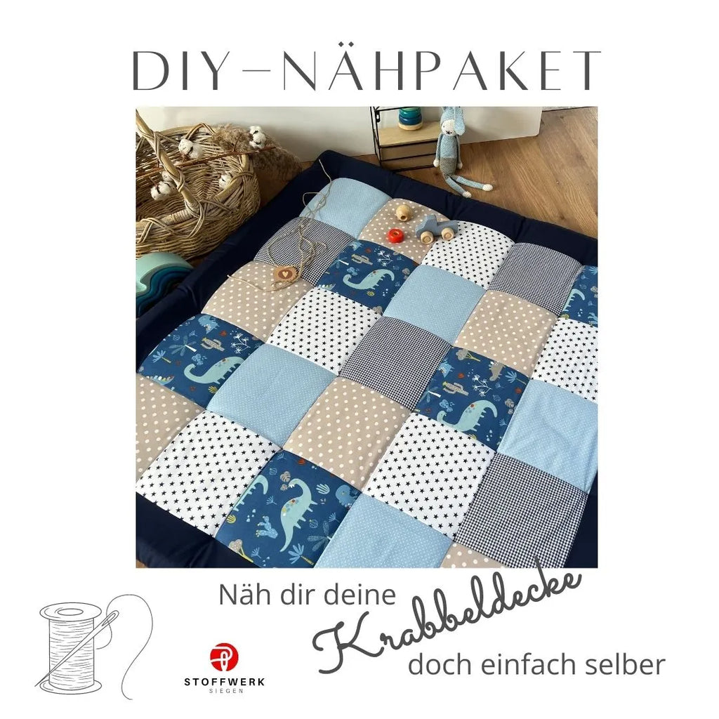 Nähpaket * Krabbeldecke* Patchwork * Dinosaurier Blau Sand-stoffwerk-siegen