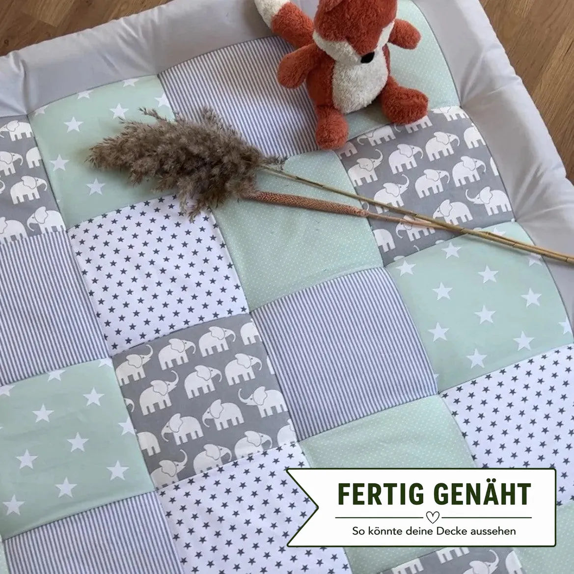 Nähpaket * Krabbeldecke* Patchwork * Elefant Mint Grau-stoffwerk-siegen