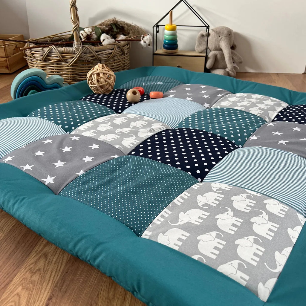 Nähpaket * Krabbeldecke* Patchwork * Elefant Petrol-stoffwerk-siegen