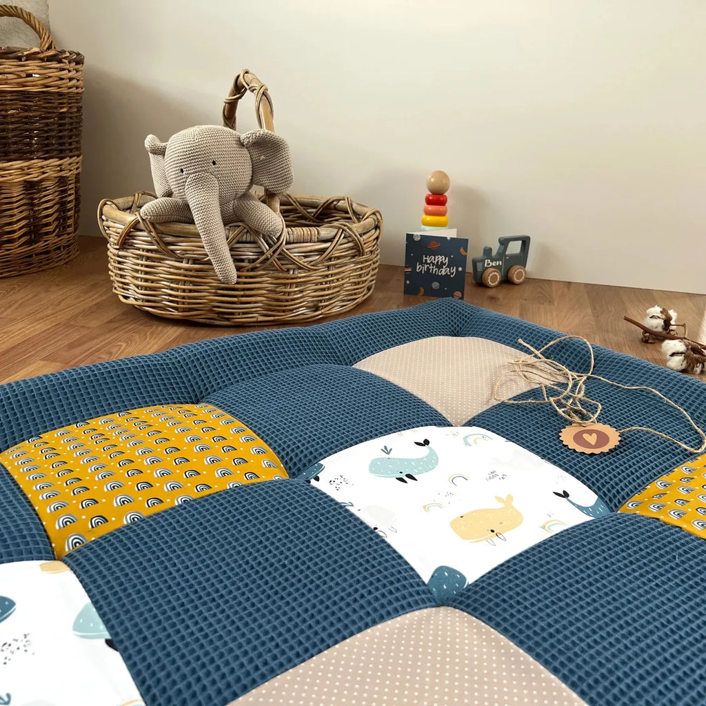 Nähpaket * Krabbeldecke* Patchwork * Waffelpique´* Blauwale Navy Senfgelb-stoffwerk-siegen