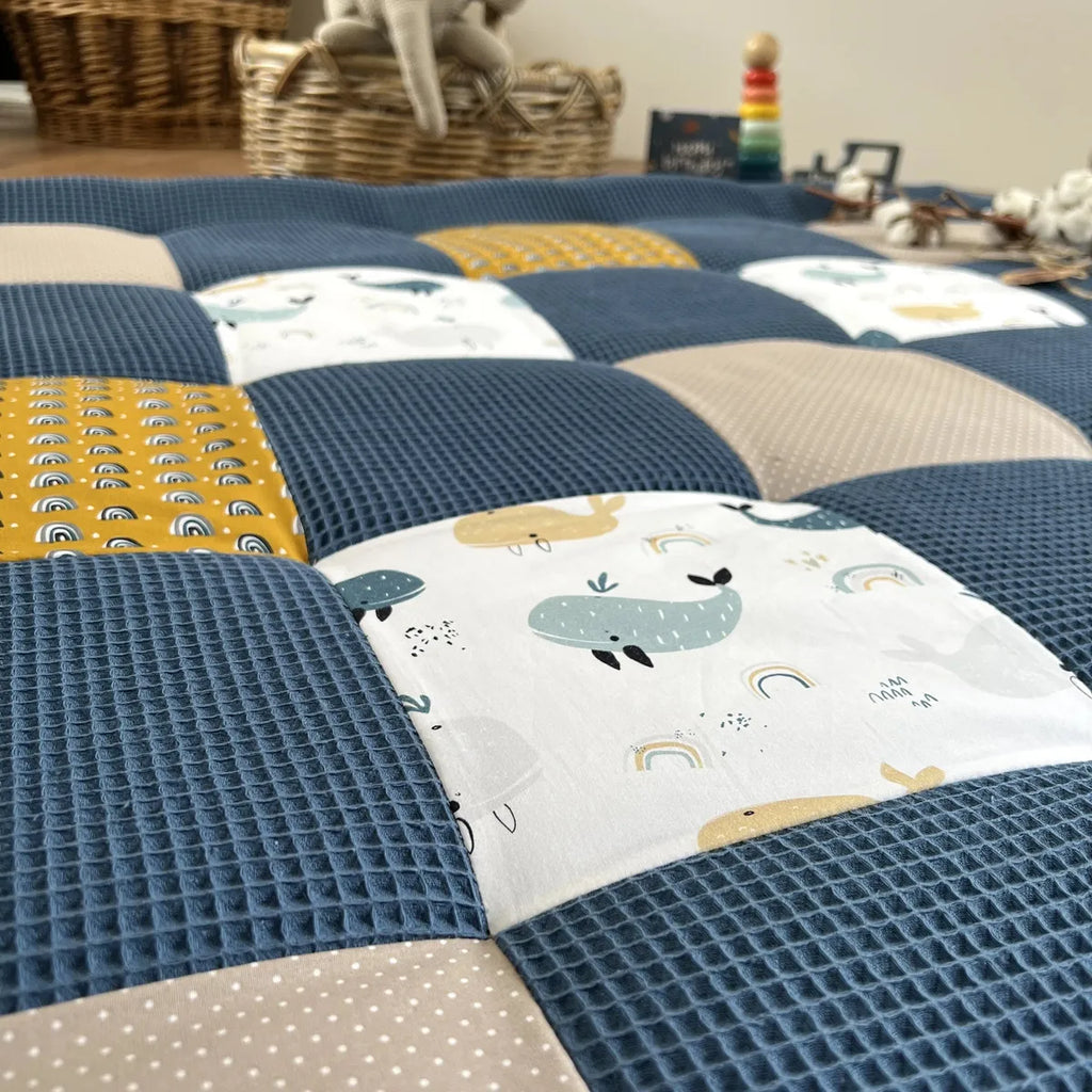 Nähpaket * Krabbeldecke* Patchwork * Waffelpique´* Blauwale Navy Senfgelb-stoffwerk-siegen