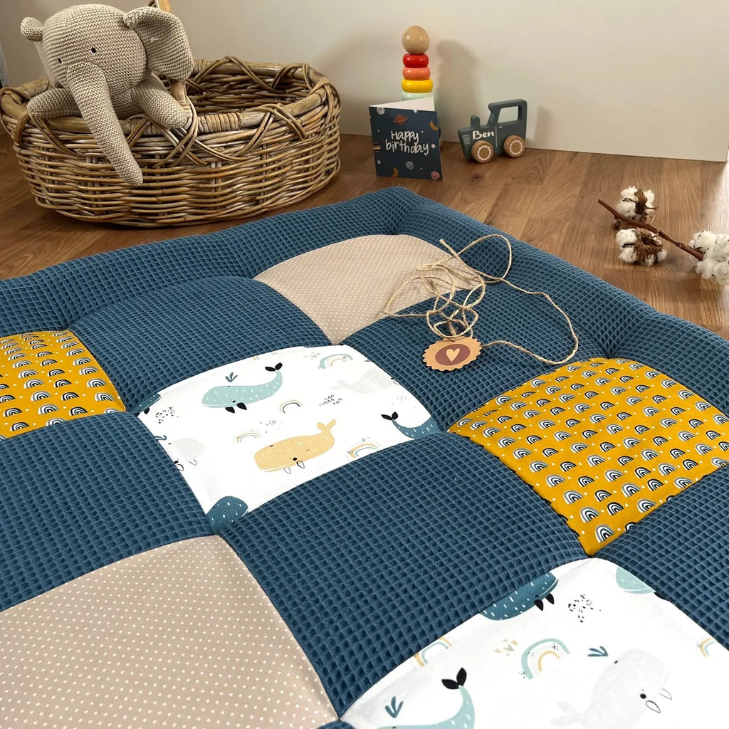 Nähpaket * Krabbeldecke* Patchwork * Waffelpique´* Blauwale Navy Senfgelb-stoffwerk-siegen