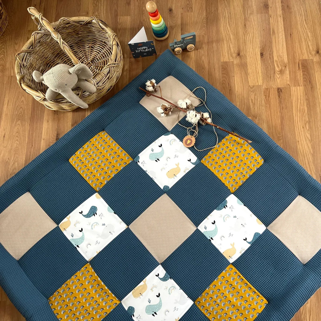 Nähpaket * Krabbeldecke* Patchwork * Waffelpique´* Blauwale Navy Senfgelb-stoffwerk-siegen
