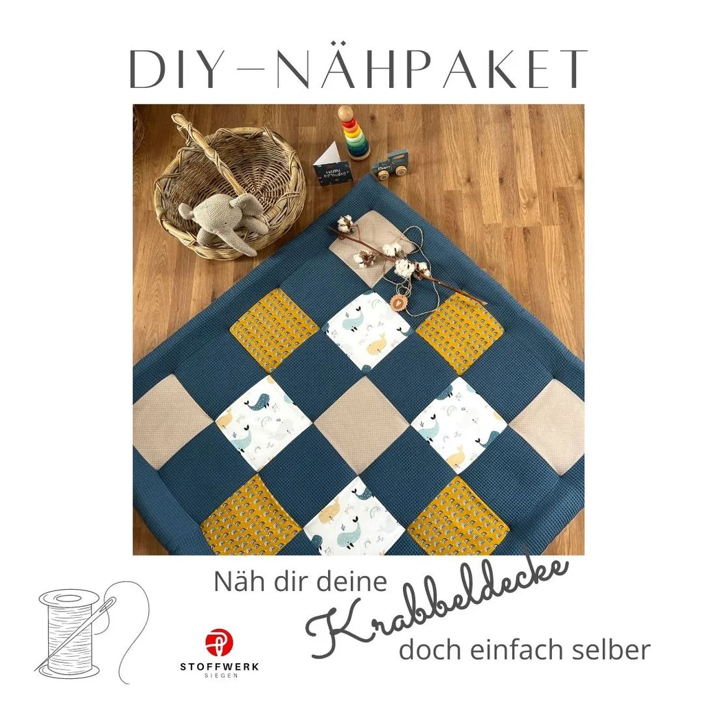 Nähpaket * Krabbeldecke* Patchwork * Waffelpique´* Blauwale Navy Senfgelb-stoffwerk-siegen