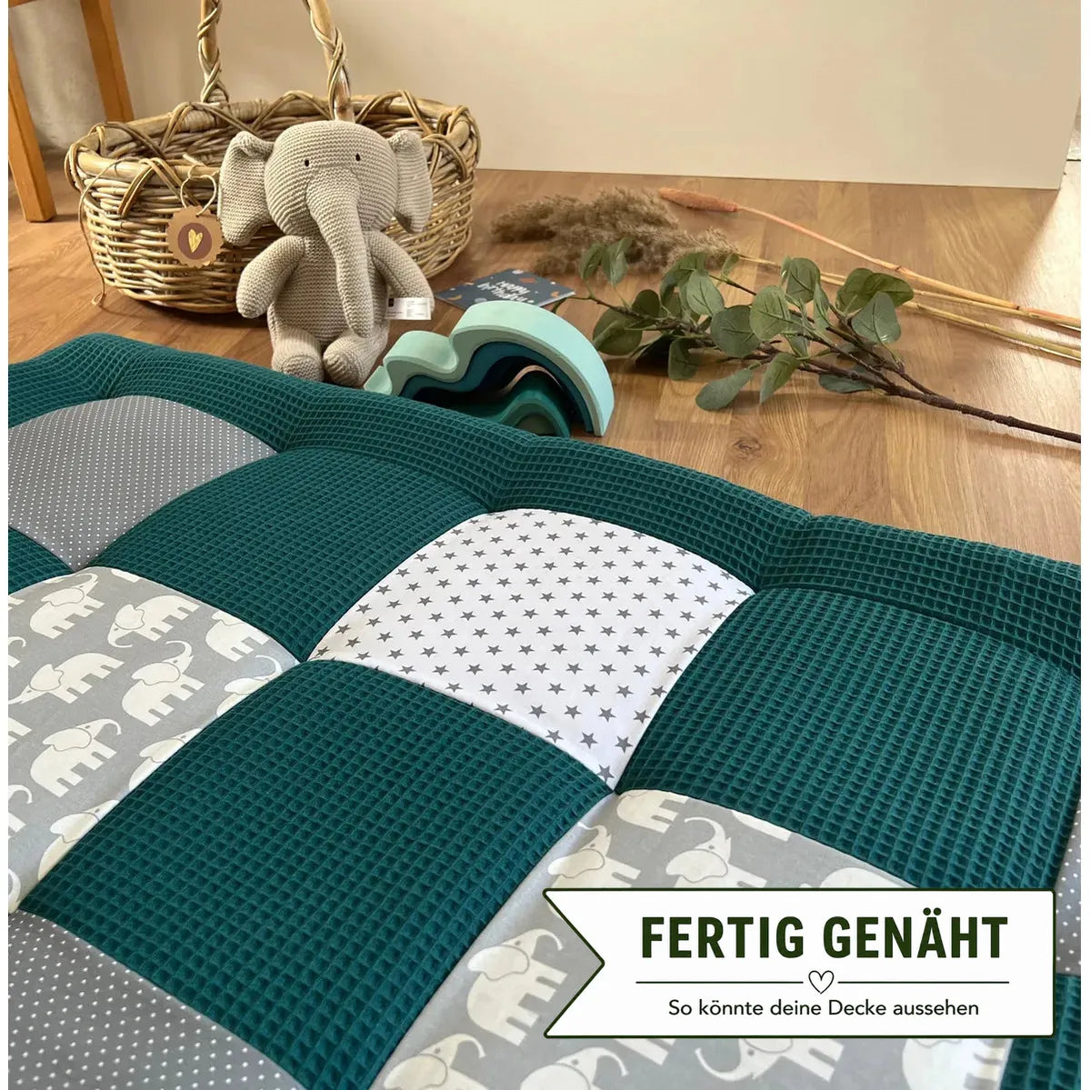 Nähpaket * Krabbeldecke* Patchwork * Waffelpique´* Elefant Petrol-stoffwerk-siegen