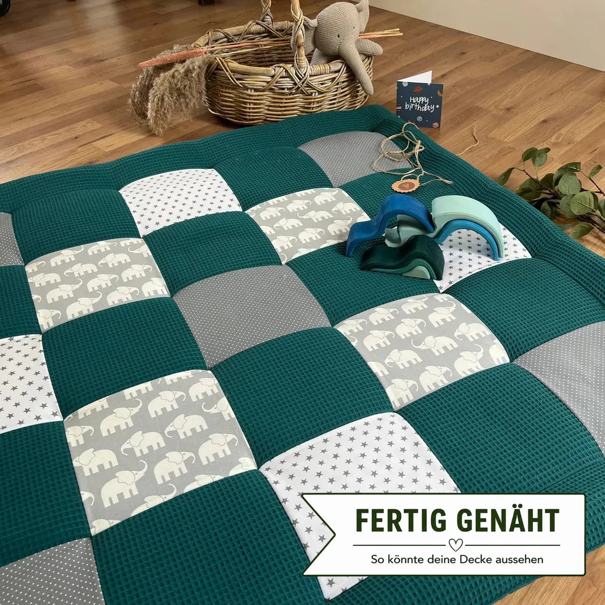 Nähpaket * Krabbeldecke* Patchwork * Waffelpique´* Elefant Petrol-stoffwerk-siegen