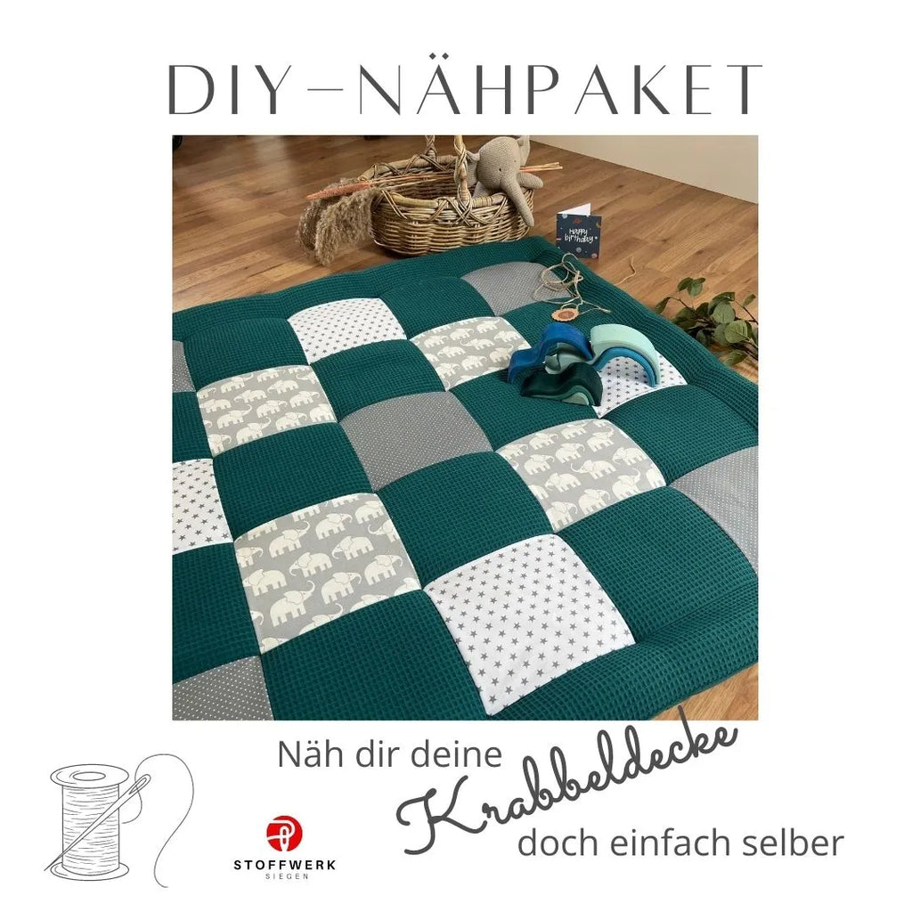 Nähpaket * Krabbeldecke* Patchwork * Waffelpique´* Elefant Petrol-stoffwerk-siegen