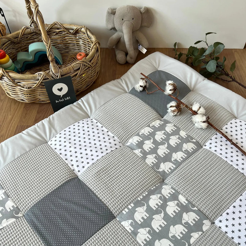 Nähpaket * Krabbeldecke* Patchwork * Waffelpique´* Elefant Weiß Grau-stoffwerk-siegen