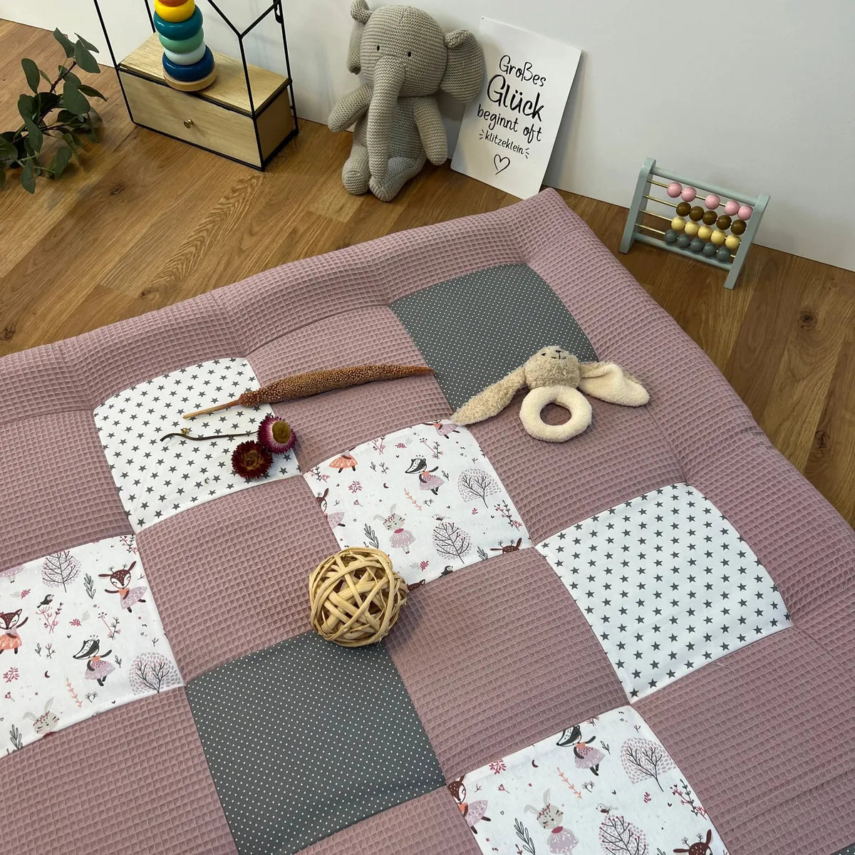 Nähpaket * Krabbeldecke* Patchwork * Waffelpique´* Rehe Altrosa Grau-stoffwerk-siegen